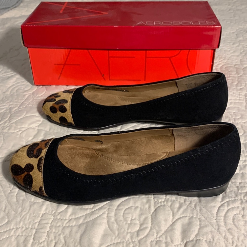 Aerosoles Black Suede Ballet Flats with Leopard Toe Accent NEW - Picture 5 of 11